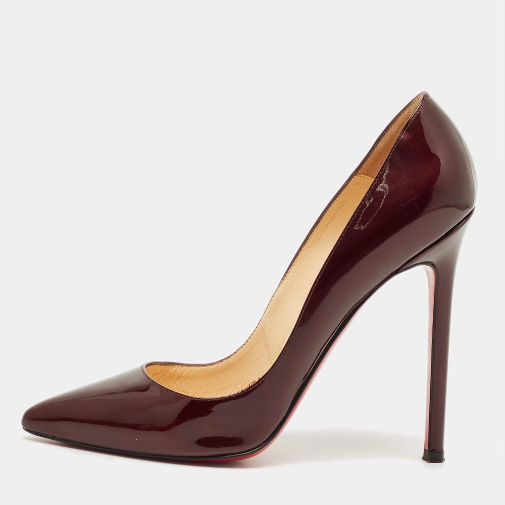 Manolo Blahnik patent leather pointed-toe pumps in wine burgundy color
